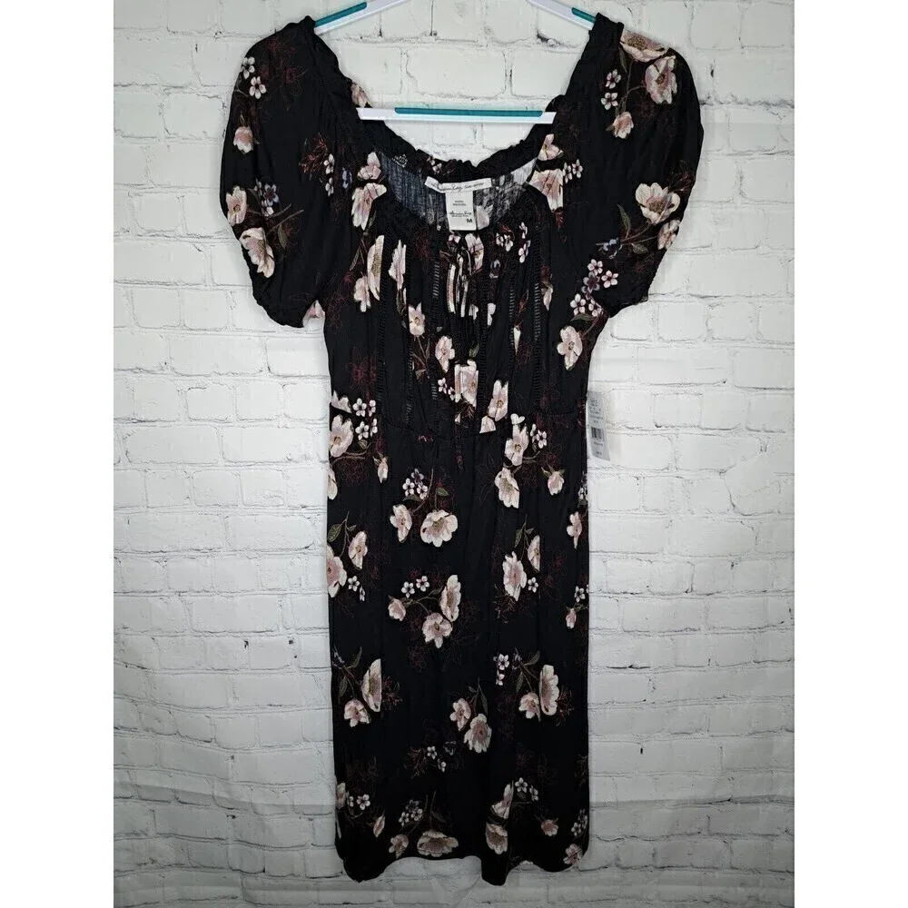 American Rag Floral Black Size Medium Ladder Knit Flouncy Peasant Dress NWT - Picture 1 of 6